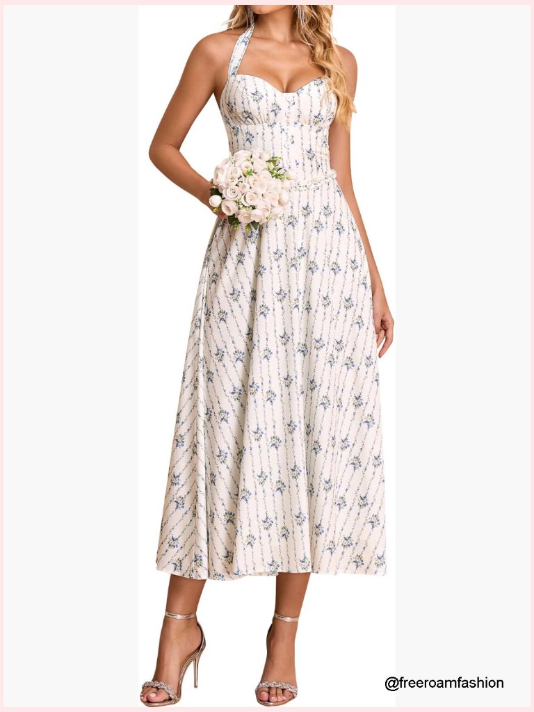Floral Halter Corset Midi Dress Flowy A-Line Sweetheart Neckline Tea Party